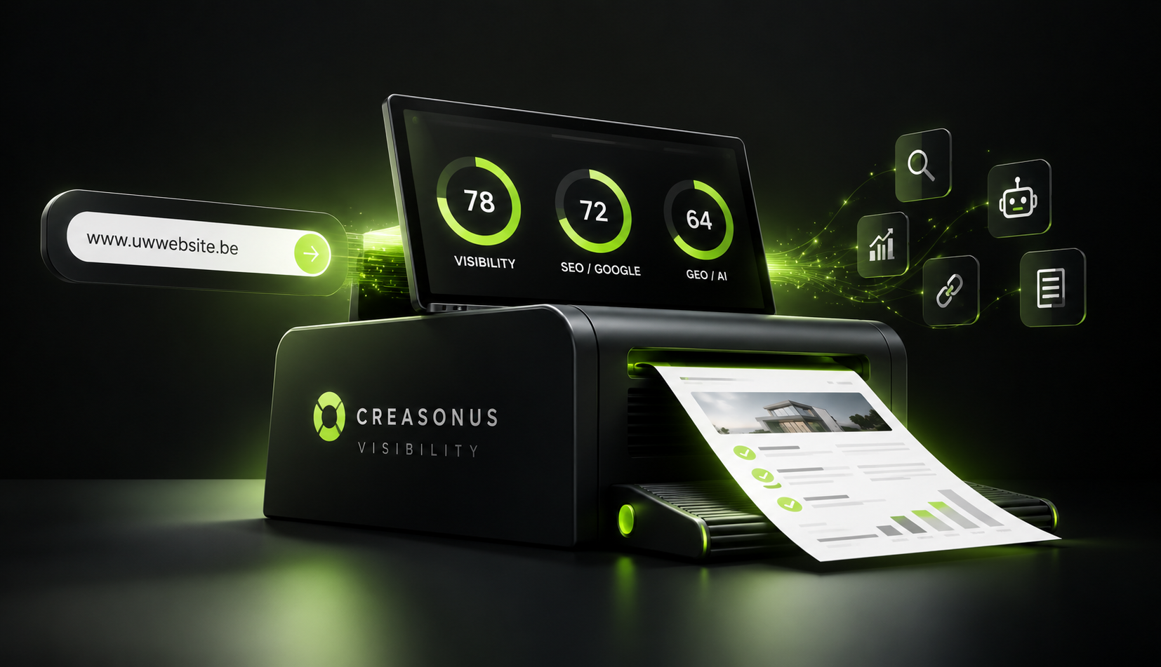 CREASONUS.VISIBILITY machine die een website analyseert op SEO en AI-vindbaarheid